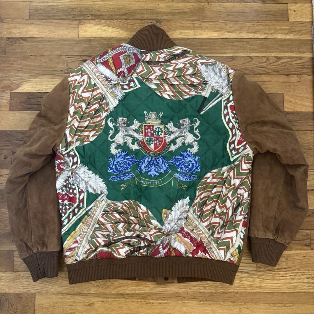Gucci Suede and Silk Print Bomber Jacket